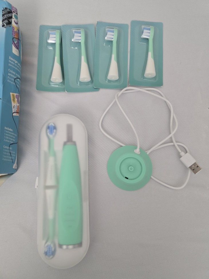 Kids Sonic Electric Toothbrush LED Smart Timer 6 Heads Carrying Case Mint Color