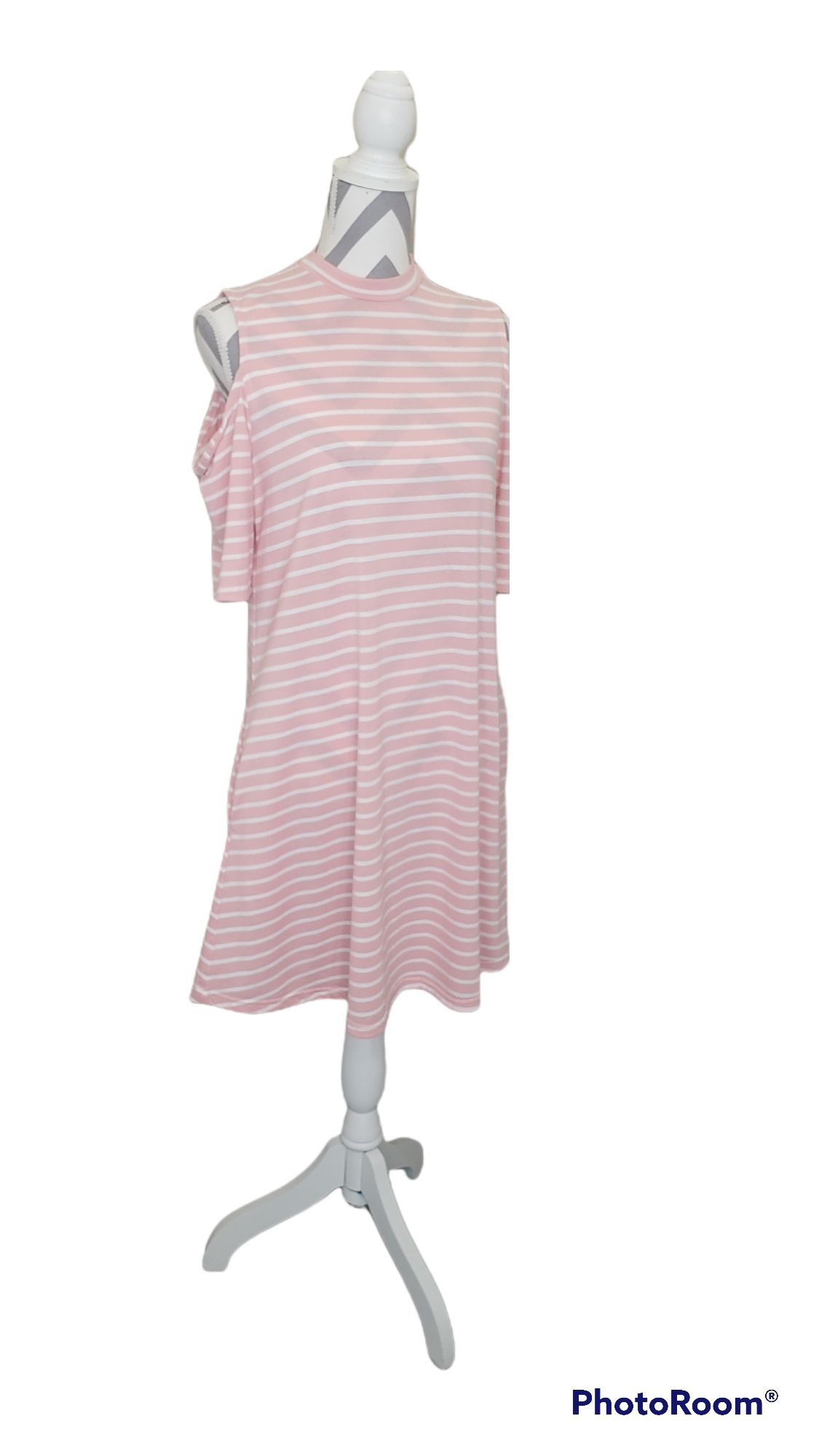 Simply Southern Medium Pink White Stripe Cold Shoulder Spring Shift Mini Dress Beach Vacation Cruise Summer Sun Dress