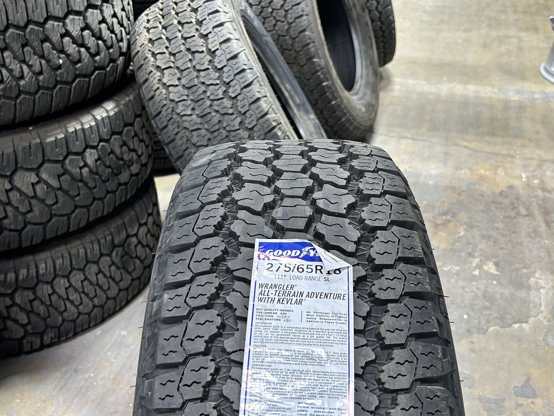 4 New Goodyear Wrangler All Terrain Kevlar tires 275/65R18 100% tread never used