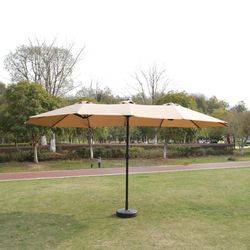 15x9ft Large Double-Sided Rectangular Outdoor Twin Patio Market Umbrella with light and base- taupe