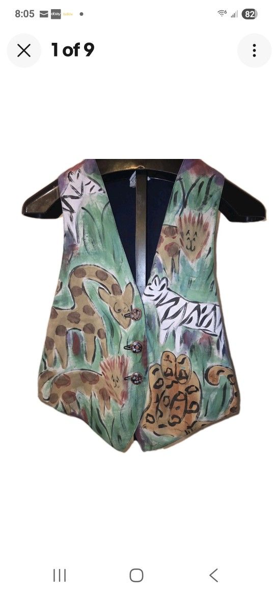 Vintage Vest Denim Size Small Encore Silkscapes Hand paint Safari Zebra Giraffe 