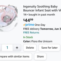 Ingenuity Soothing Baby Bouncer Infant Seat with Vibrations, -Toy Bar & Sounds, 0-6 Months Up to 20 lbs (Pink Flora the Unicorn)
