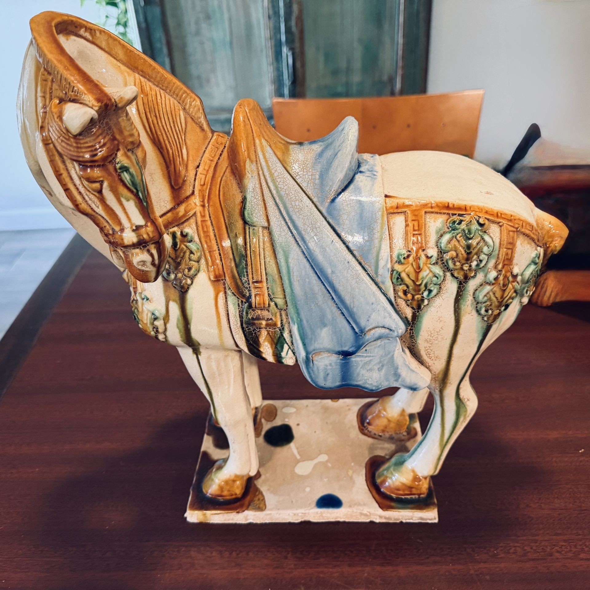 17" T Chinese Tang Dynasty Style Sancai Glazed Ceramic Horse Statue Zhang Signed