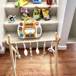 Huge Lot Of Baby Toys. Wooden Toy Bar, Soft Rubber Blocks, Crinkle Books, Large Crib Toy & More! ($45 For All)