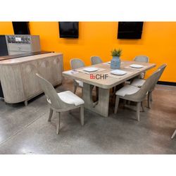Modern White Oak Solid Rubberwood 7 Piece Dining Table Set  // Limited Time Offer 