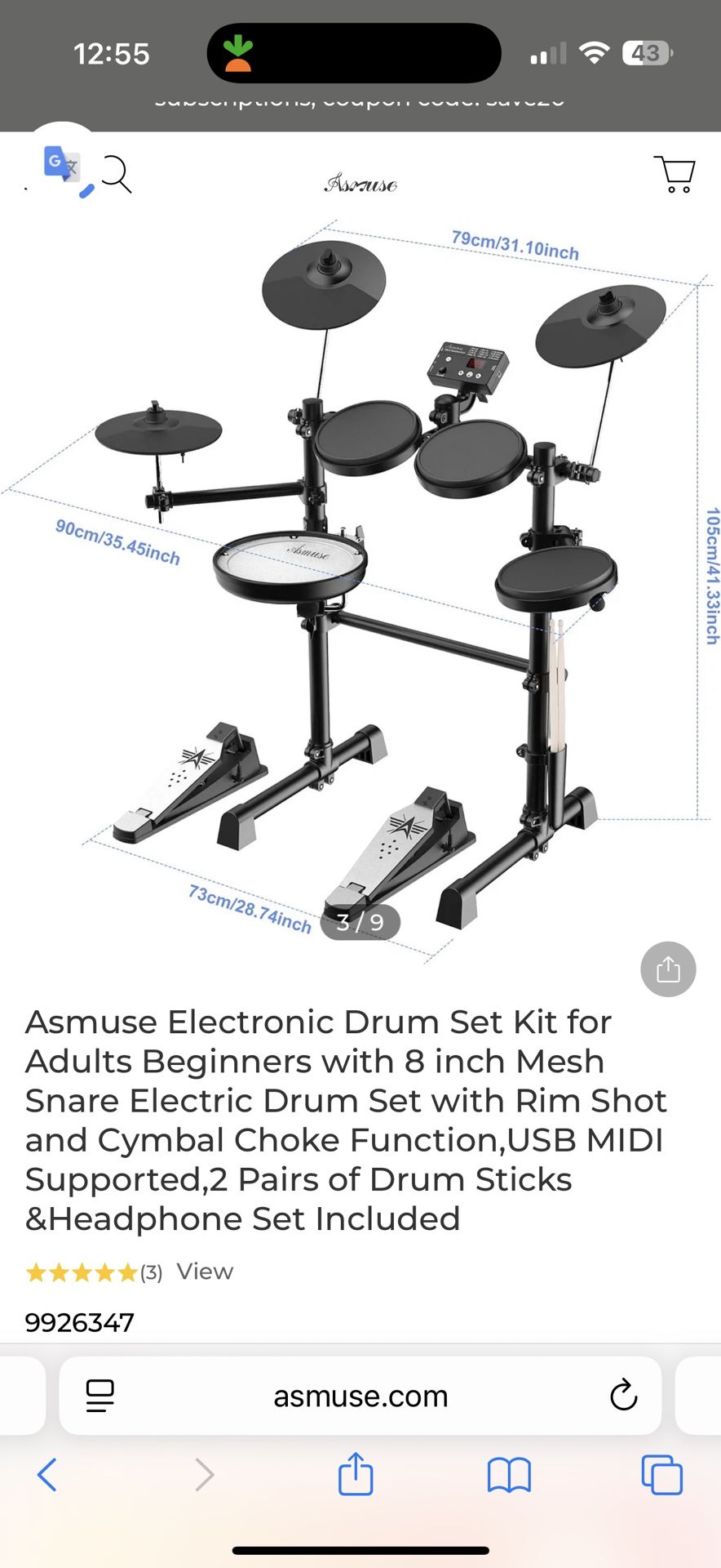 Asmuse Electronic Drum Set Kit for Adults Beginners