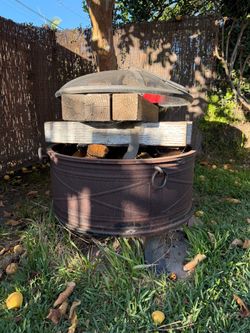 Steel Fire Pit w/ Spark Screen, Cover + Firewood