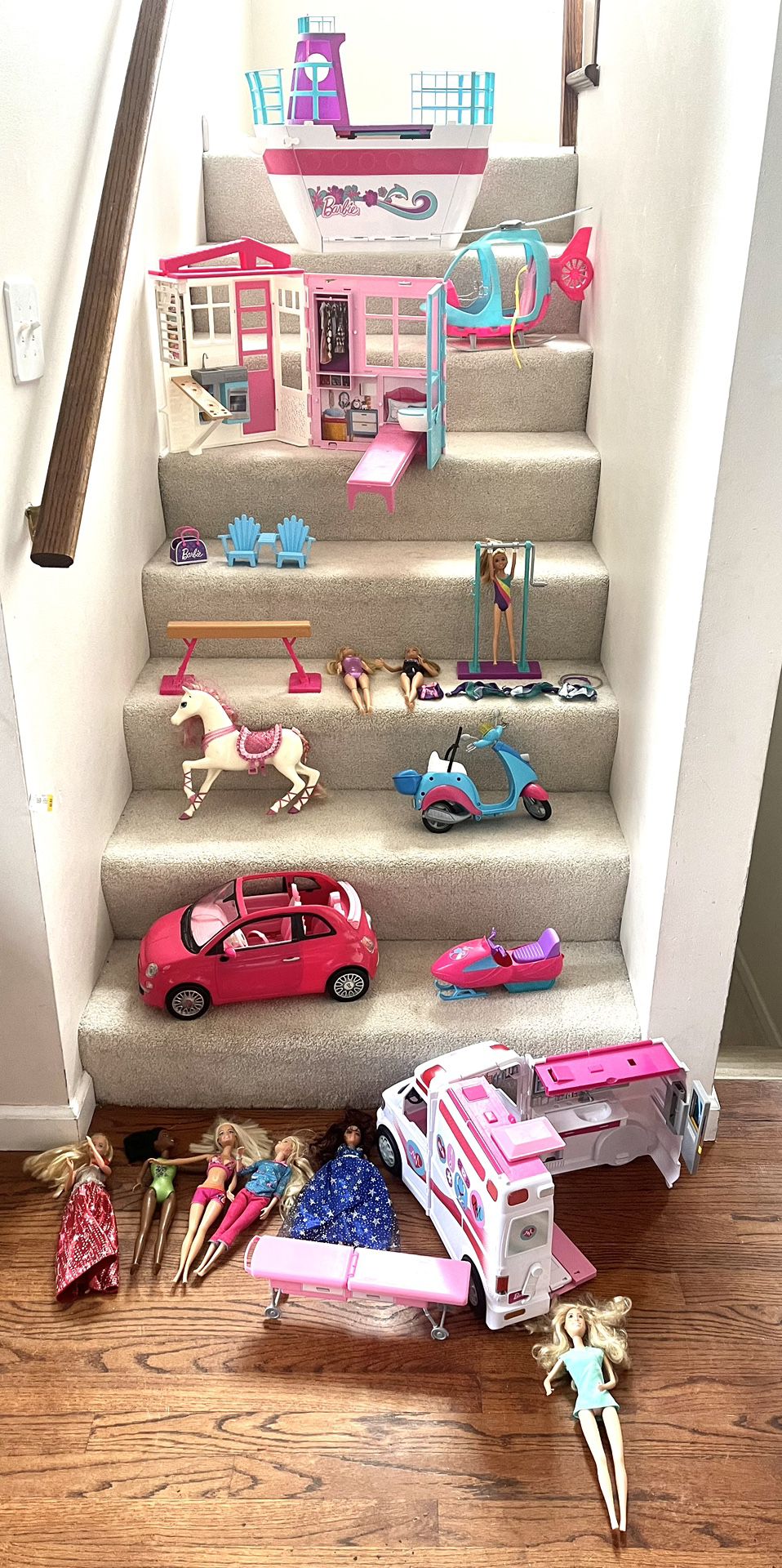 Huge Lot Of Barbie Toys! Cruise Ship, Ambulance, House, Helicopter, Gymnastics Set, Dolls & More! ($105 For All)