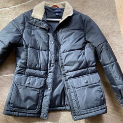 LANDS END Womens Quilted Puffer Barn Jacket Black SZ XS/Petite 2-4 Pockets Sherpa Collar.