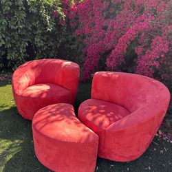 Pair of Lazar Swivel Lounge Chairs & Ottoman in Red Upholstery Post-Modern