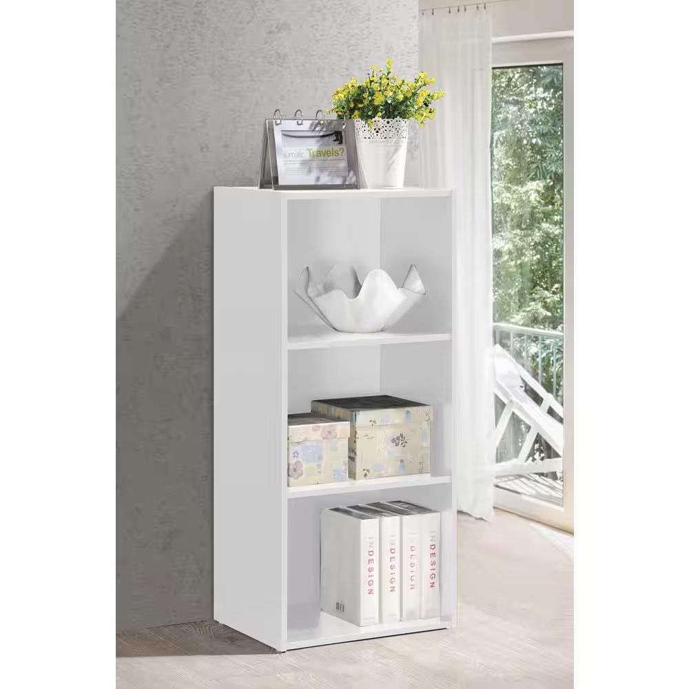 3-Shelf White Wooden Bookcase