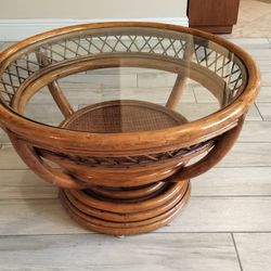 Vintage Round Bentwood Bamboo Glass Top Coffee Table.