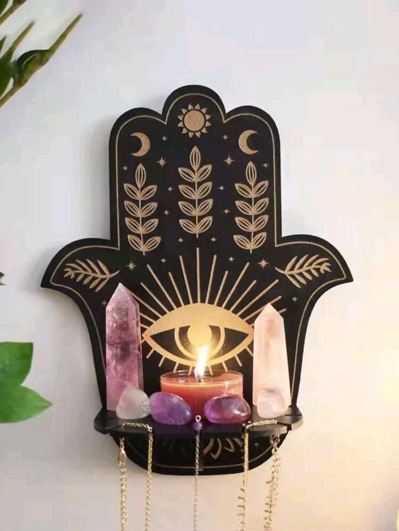 Wooden Hamsa Wall Shelf – Boho Spiritual Home Decor