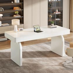 HL0289 White Desk with Drawers, 63-Inch Modern Executive Office Desk, Glossy Elegant Work Study Writing Table for Home Office, Cream White