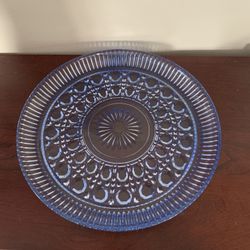 Vintage Federal Button & Cane Aegean Blue Glass Serving Platter 11" Cake Plate