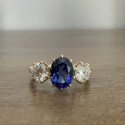 Sapphire And Round Moissanite Diamond Vintage Style Three Stone Engagement Ring 