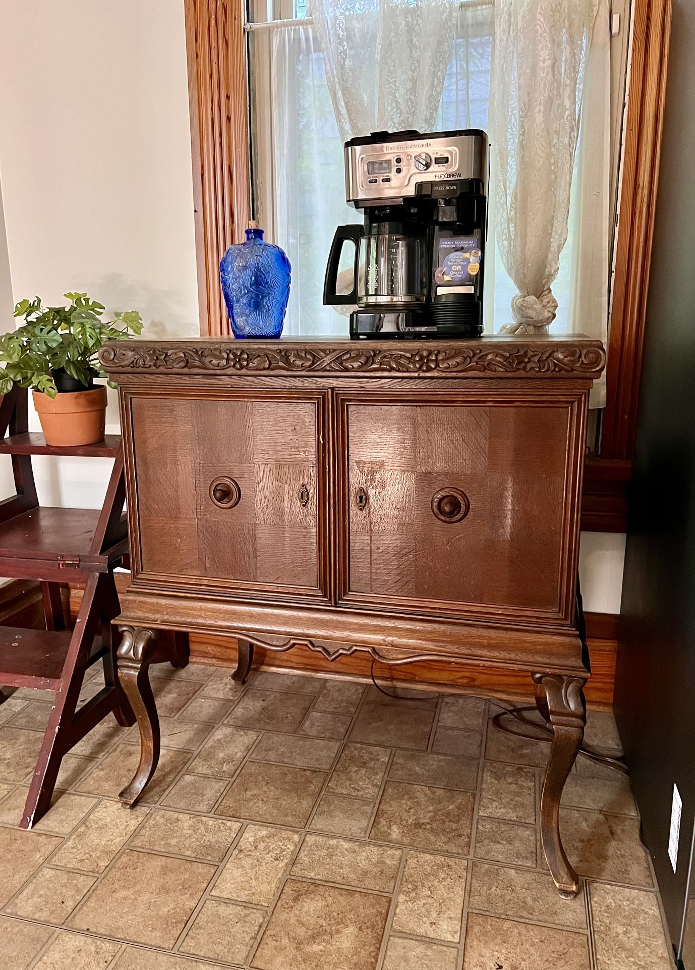 Antique Oak/Walnut Style Buffet/ Bar Cabinet - Carved Details, Cabriole Legs, Original Hardware