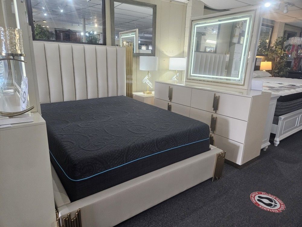 Brand New Cream Leather Air Queen Bedframe + Multicolor LED Queen Platform Bedframe + Dresser + Nighstand 4PCs Set