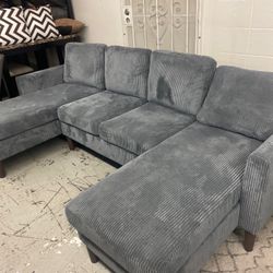 New Duo Chaise Grey Corduroy Fabric Sectional.  58x100x58.  Free Delivery!
