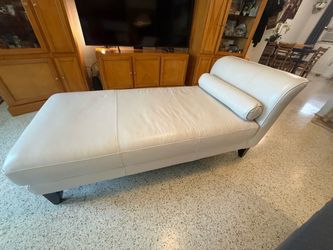 Beige Leather Chaise Lounge Daybed w/ Bolster Pillow, Black Wood Legs 72"