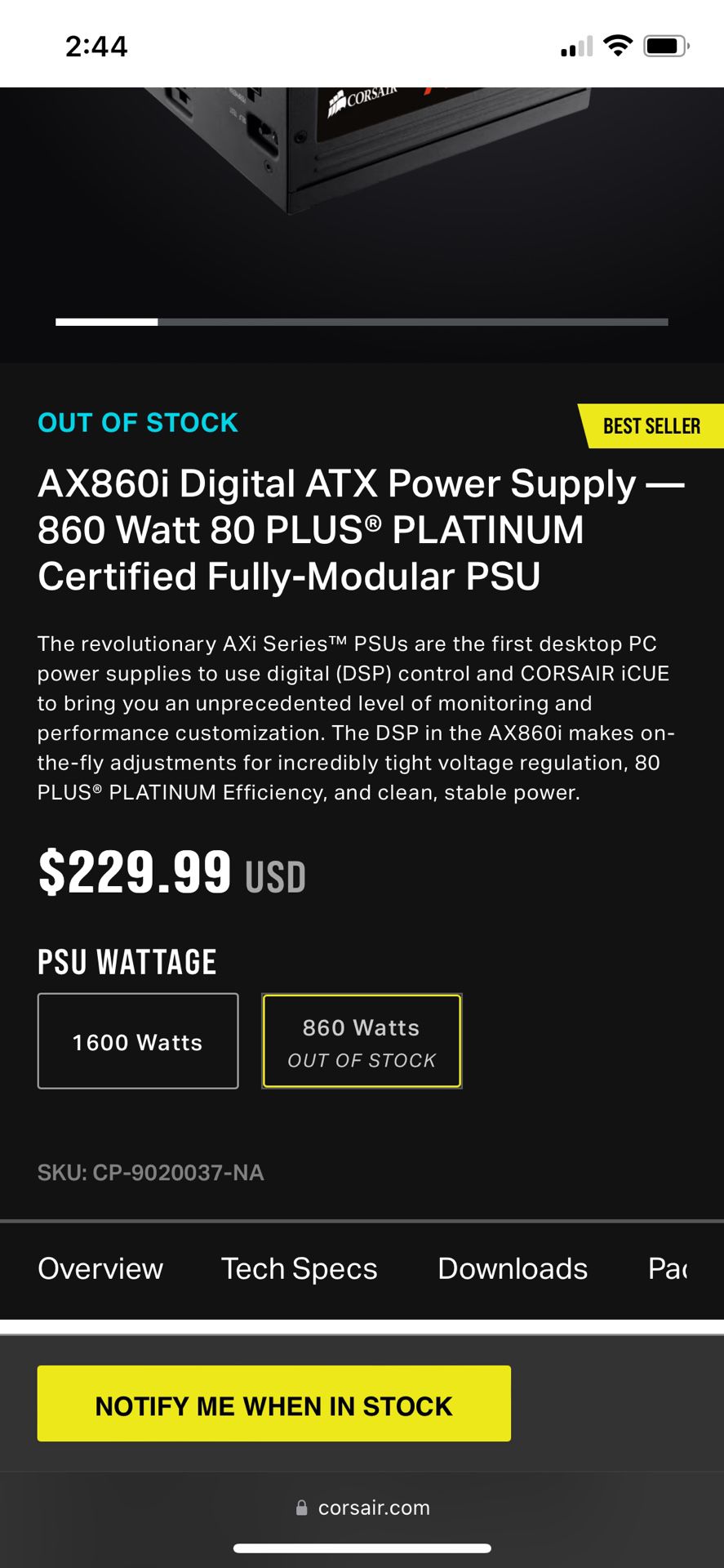 AX860i Digital ATX Power Supply — 860 Watt 80 PLUS® PLATINUM Certified Fully-Modular PSU (NA)