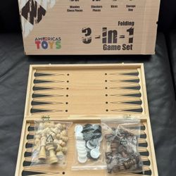 Folding 3 In 1 Game Set Chess Checkers Backgammon Wooden Brand New 