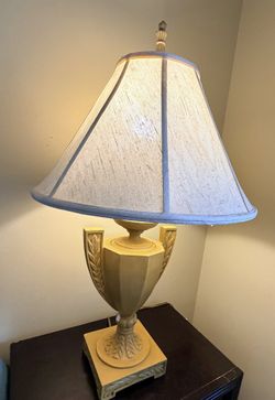 Pair of table lamps, urn style base with fabric shades