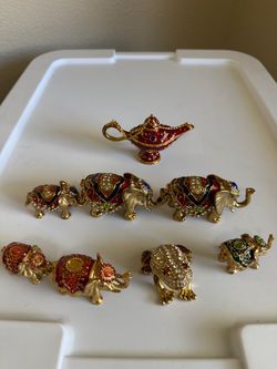 Jeweled Enamel Trinket Box Collection - Genie Lamp, Elephants, and Frog