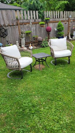 Outdoor Chairs with cushions and cast iron table