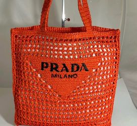 Prada Raffia Orange Embroidered Tote