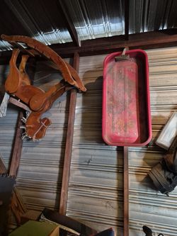 89 model radio flyer. Wooden rocking horse. Wood highchair