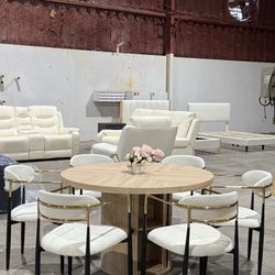 🔥Set of 7🔥47-Inch Round 6-Person Dining Set – Modern Faux Wood Grain Kitchen Table Paired with Bouclé Dining Chairs Featuring Gold Metal Armrests an