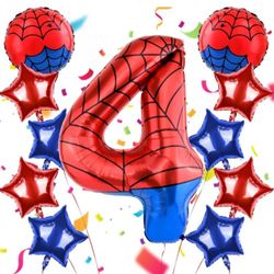 Number 4 balloon with a spider theme, 40 inches, foil number 4 balloons, large helium balloons for girls and boys, 4th birthday themed party decoratio