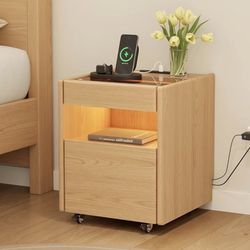 Nightstand with Charging Station, 3 Drawer Bedside Table with Jewelry Drawer, Lockable Rolling NightStand for Bedroom, Natural Finish 