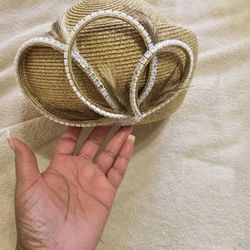 Gold Straw Church Hat With Rhinestone Detail 