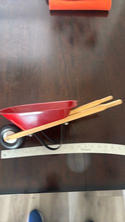 Red Metal Toy Wheelbarrow with Wooden Handles