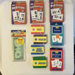 Lot of 10 Learning Resources - Math Facts, ELA, SS, Science Flashcards; Money