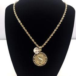 Gold Rope 14k Chain Dollar Sign 10k Pendant Set 