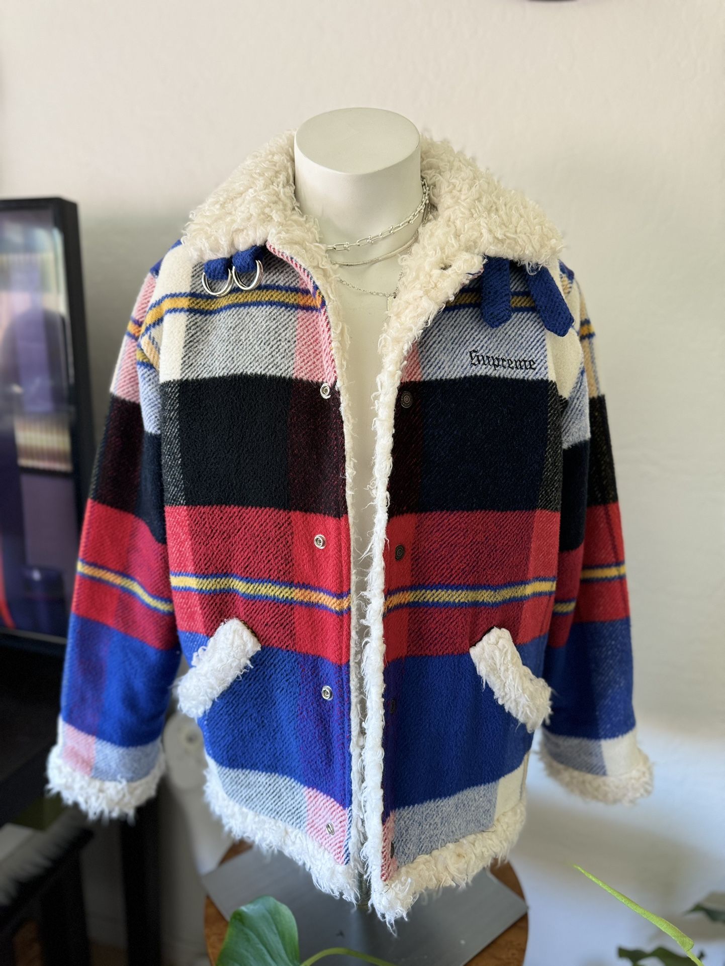 Supreme Shearling Bomber Jacket Plaid Fleece Sherpa Lined Embroidered Logo Small