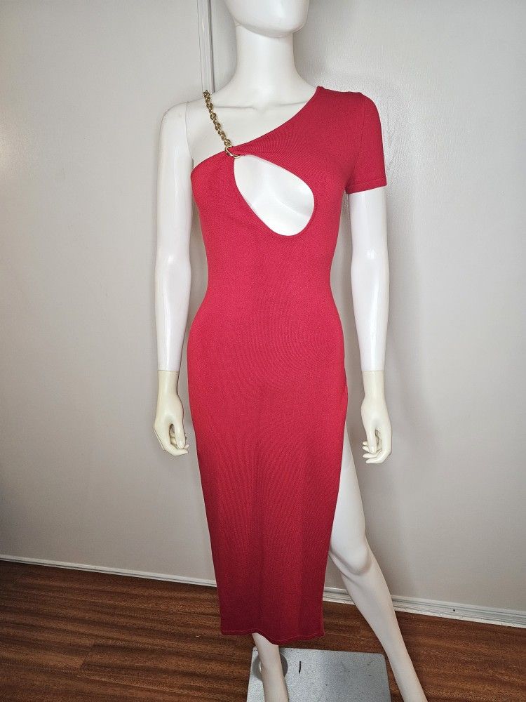 Hera Collection Very Sexy Cut Out High Slit Asymmetrical Red Dress w/ Gold Strap