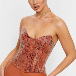Orange Woven Metallic Leopard Print Pointed Edge Corset Top