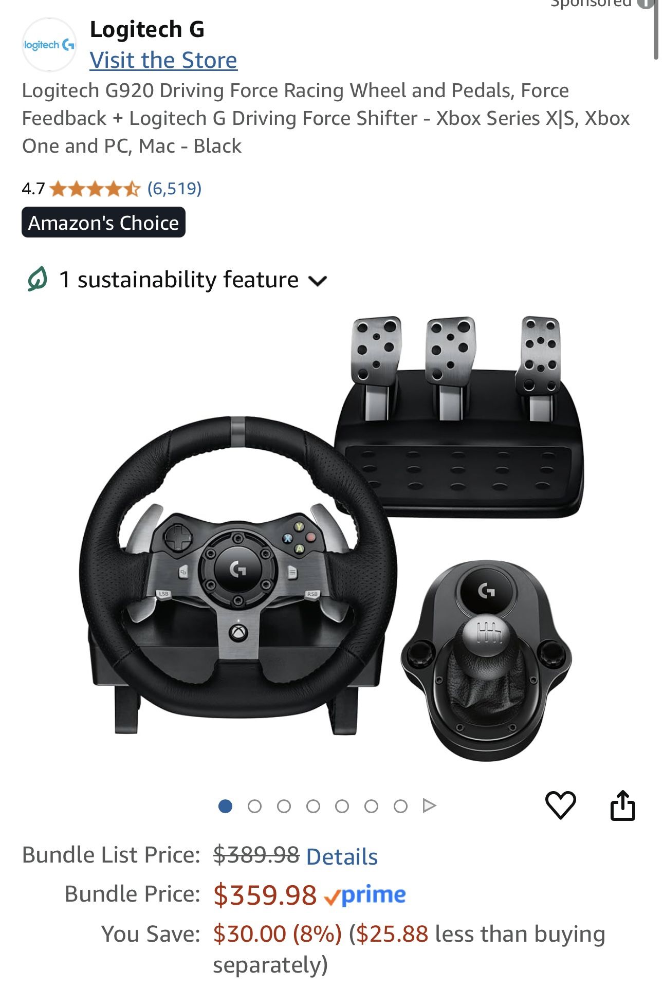 Logitech G920 Driving Force Steering Wheel PC Xbox Racing Game