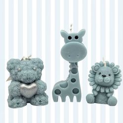 Set of three little animals blue candles, handmade 