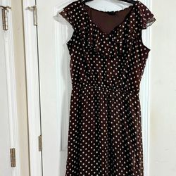 Women's Brown Polka Dot Ruffle Neckline and Hem Sleeveless A-Line Dress