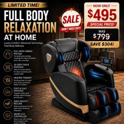 Massage Chair Full Body Zero Gravity Recliner, 2026 Black Leather
14 Shiatsu Rollers, 10 Airbags, 5 Auto Modes, Heated, Foot Massage, Bluetooth Speake