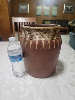 Terracotta & Woven Rattan Vase Rustic Boho Jug Wicker Wove