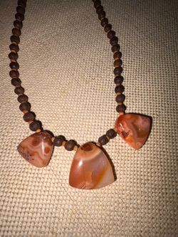 Carnelian Stone and Wood Bead Necklace