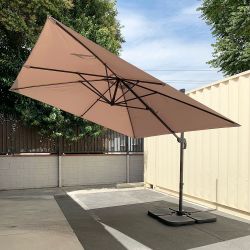 New $195 Heavy-Duty Offset Patio 10x10ft Square Hanging Umbrella w/ Crank, Stand, 4pcs Weight Base