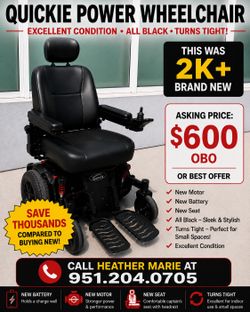 Lowering the price for :LIKE-NEW ALL-BLACK POWER WHEELCHAIR – NEW MOTOR, NEW BATTERY, NEW SEAT – FAST, RELIABLE & STYLISH!