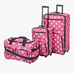 Rockland Vara Softside 3-Piece Upright Luggage Set, Expandable,Lightweight,Telescopic Handle,Wheel, Pink Dots, 20 inches,22 inches,28 inches